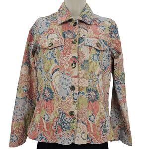 Analogy Womans size S Multicolored Floral Embroidered Denim Jean Jacket Blazer